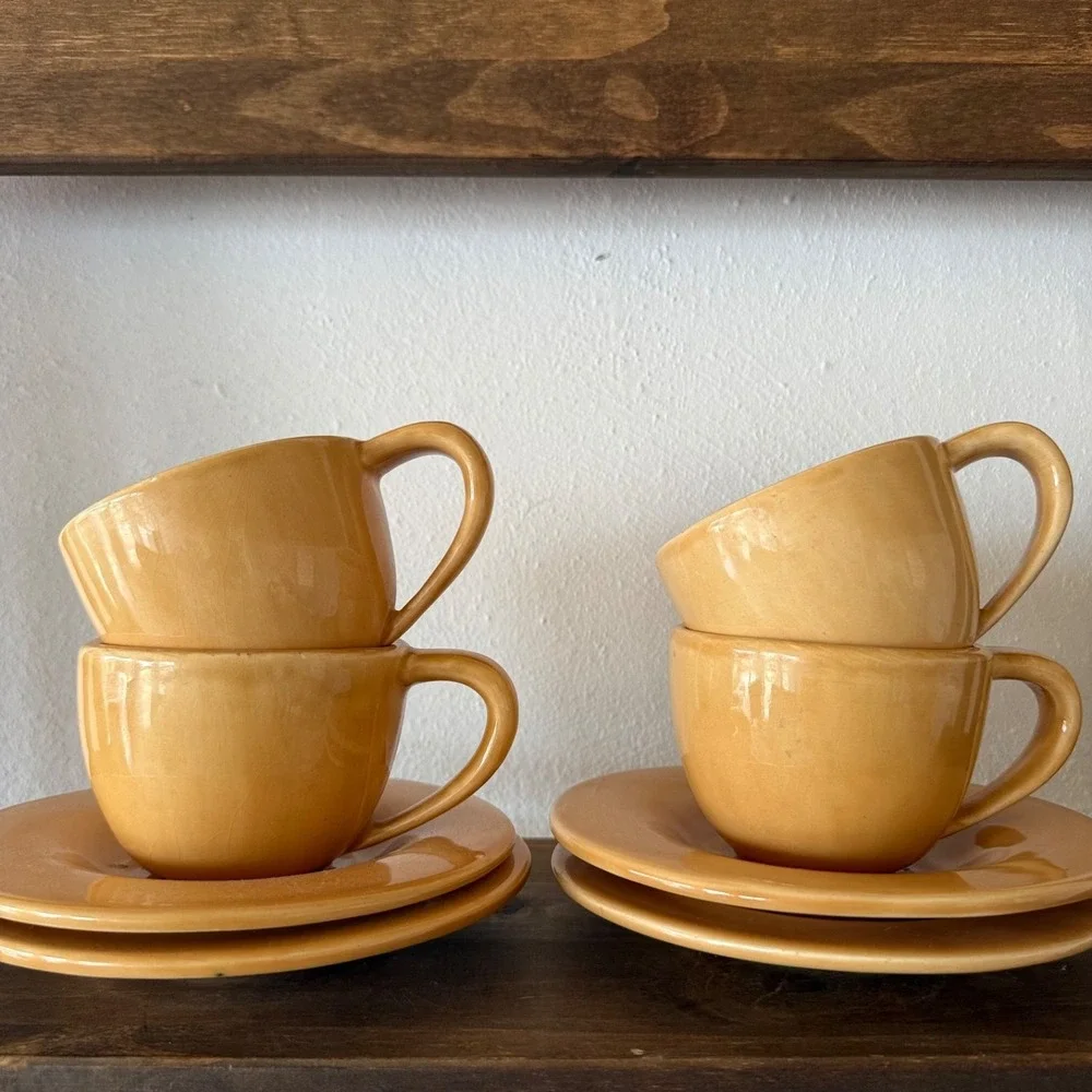Vintage Pottery‎ Barn Sausalito Amber Espresso Cup Saucer Set 8pc Mexico